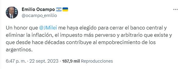 El tuit de Ocampo sobre el anuncio de Milei.