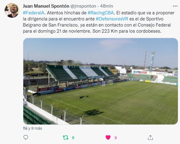 San Francisco, el escenario propuesto por Racing para enfrentar a Defensores de Villa Ramallo.