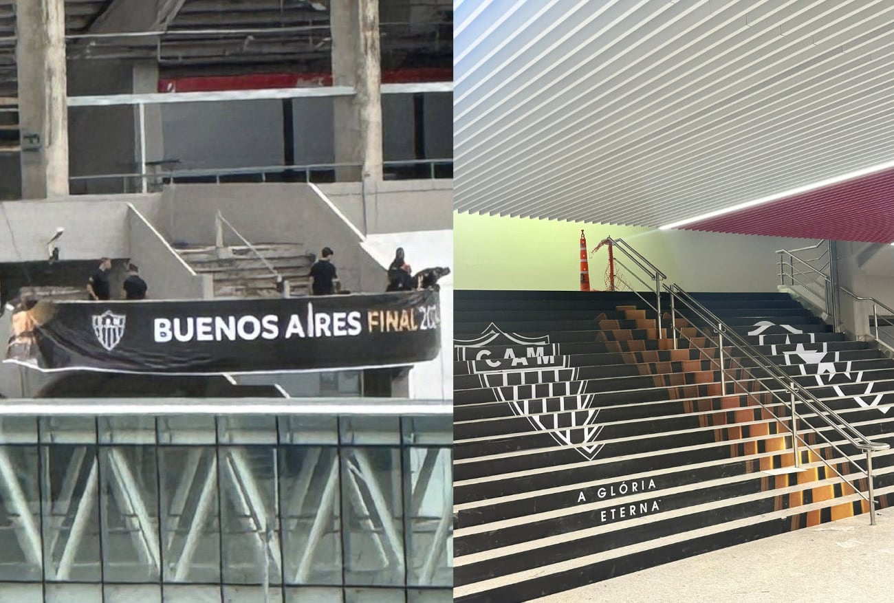 Las escaleras para ingresar a la cancha, y los anillos de las tribunas fueron tapados con los escudos brasileños. /Foto:web