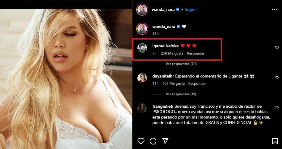 El comentario que dejó L-Gante en la publicación de Wanda Nara.