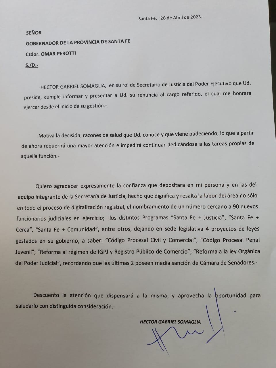 La carta de renuncia de Gabriel Somaglia, secretario de Justicia de Santa Fe.