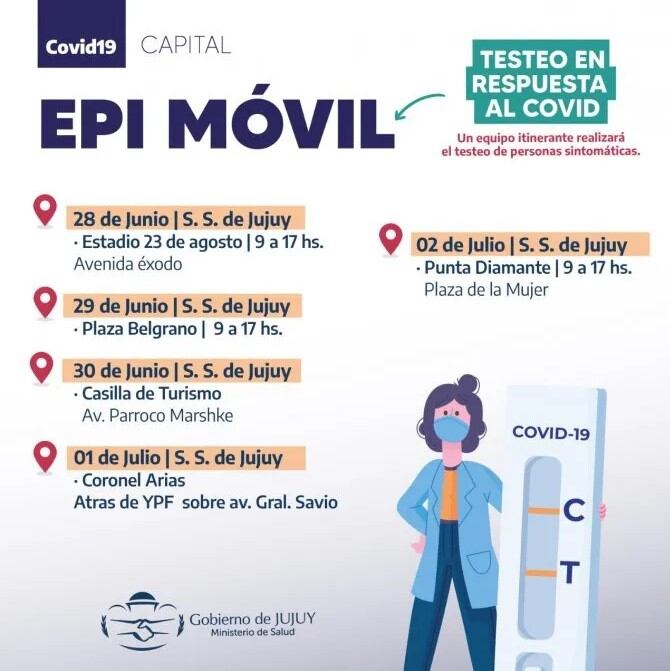 Cronograma de recorrido del "Epi Móvil" en San Salvador de Jujuy para la presente semana.