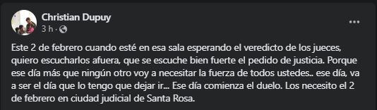 El pedido del padre de Lucio Dupuy a días de conocerse el veredicto por el asesinato del niño pampeano.