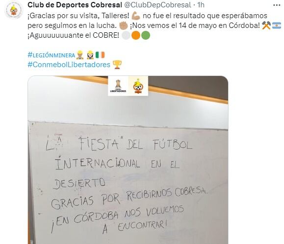 Talleres y Cobresal se volverán a topar en el Kempes el 14 de mayo.