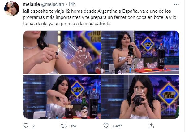 Cómo reaccionó el público argentino a Lali preparando un fernet en TV española.