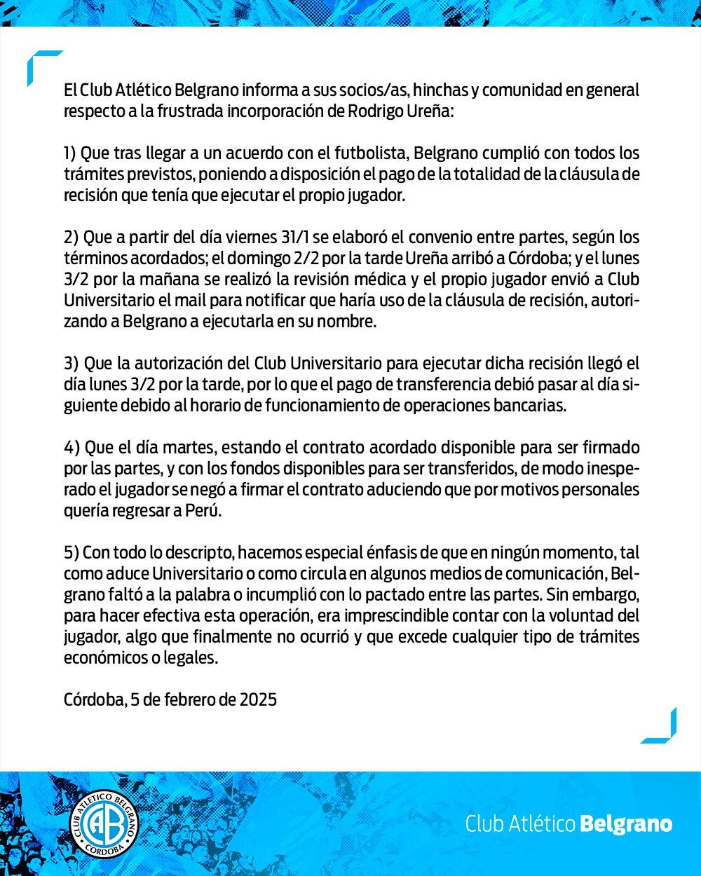 Belgrano emitió un comunicado por el pase frustrado de Ureña y desmintió a Universitario.