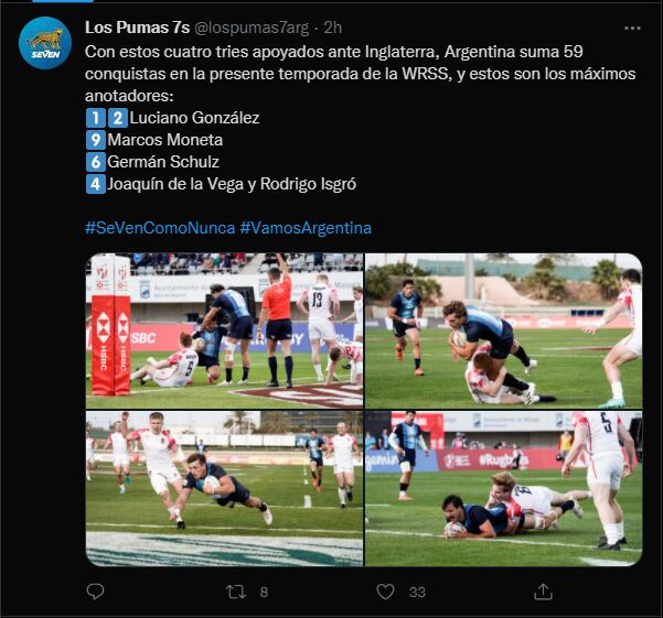 Desde Twitter, anunciaron el triunfo de Los Pumas 7s ante Inglaterra.