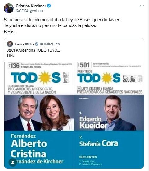 “Todo tuyo” y “No te bancas la pelusa”: el cruce entre Milei y Cristina por el senador Kueider