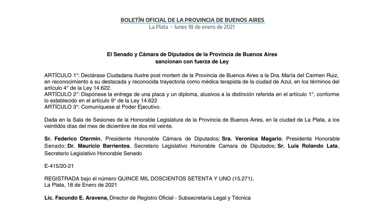 María del Carmen Ruiz fue declarada Ciudadana Ilustre post mortem de la Provincia de Buenos Aires