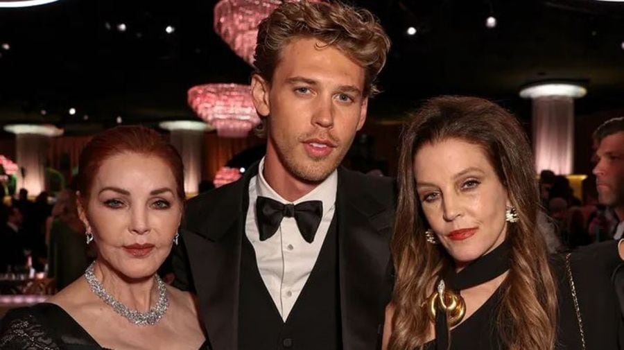 Lisa Marie Presley junto a su madre Priscilla Presley y el actor Austin Butler.