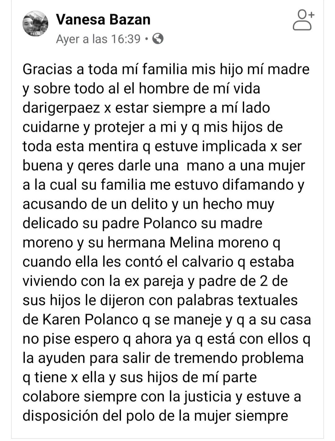 Publicación en Facebook de "la otra parte" en el caso Karen Polanco.