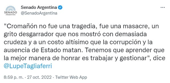 El mensaje de la senadora Guadalupe Tagliaferri