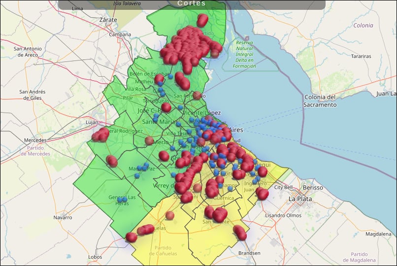 A la 1:50 pm así se ve el mapa de los barrios en CABA con cortes de luz.