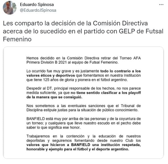 Banfield retiró del torneo al equipo de futsal femenino que se anotó goles en contra para perder ante Gimnasia.