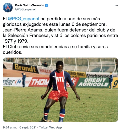 El mensaje del PSG tras la muerte de Jean-Pierre Adams.