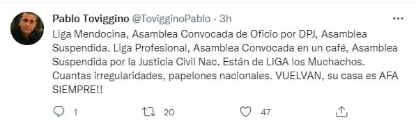 Pablo Toviggino, del Consejo Federal, publicó en las redes sociales, el tema de la asamblea de la Liga Mendocina de Fútbol.