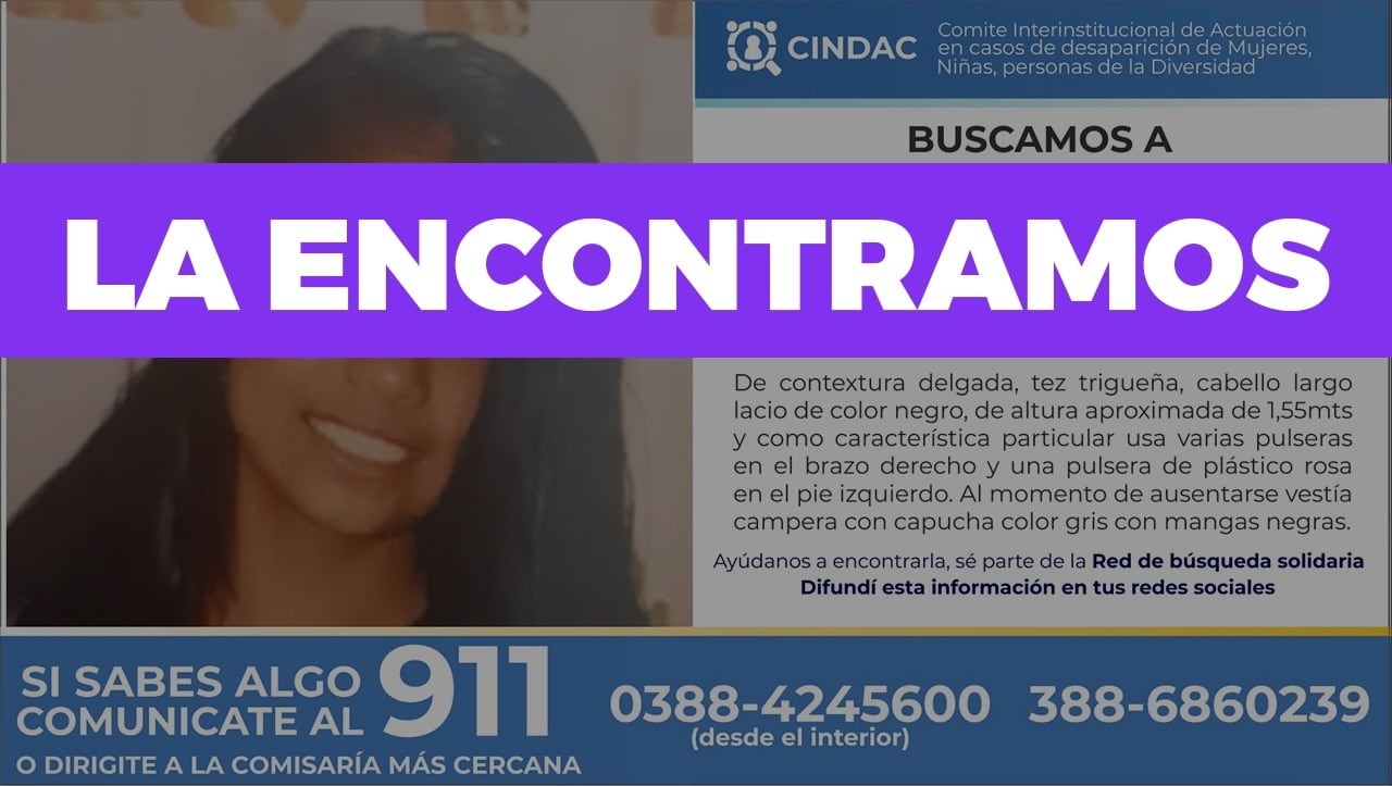 Publicación del Comité Interinstitucional de Actuación en Casos de Desaparición de Mujeres, Niñas y Personas de la Diversidad (Cindac) en las redes sociales, comunicando la novedad en torno a la menor que era buscada en Pampa Blanca y alrededores.