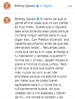 El escrito que compartió Britney Spears tras los dichos de sus hijos y su exesposo.