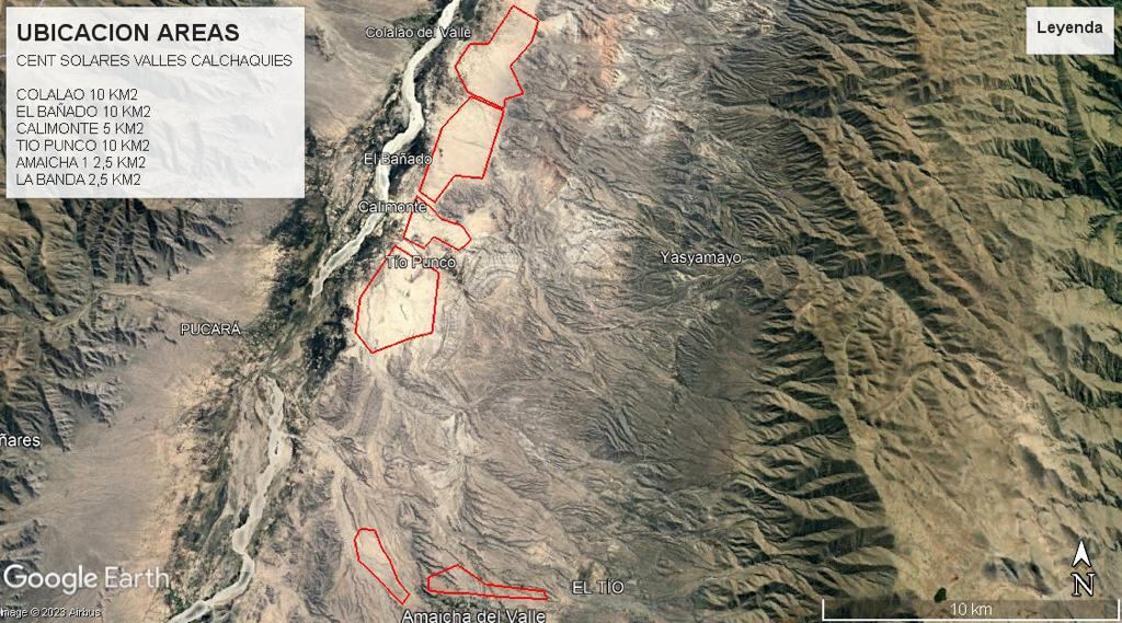 Zonas de emplazamiento de las plantas solares en el Valle Calchaquí.