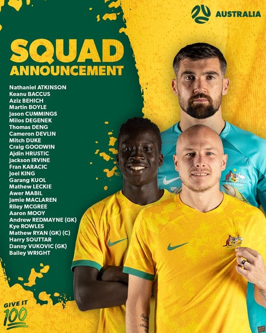 La lista de Australia para el Mundial de Qatar 2022.