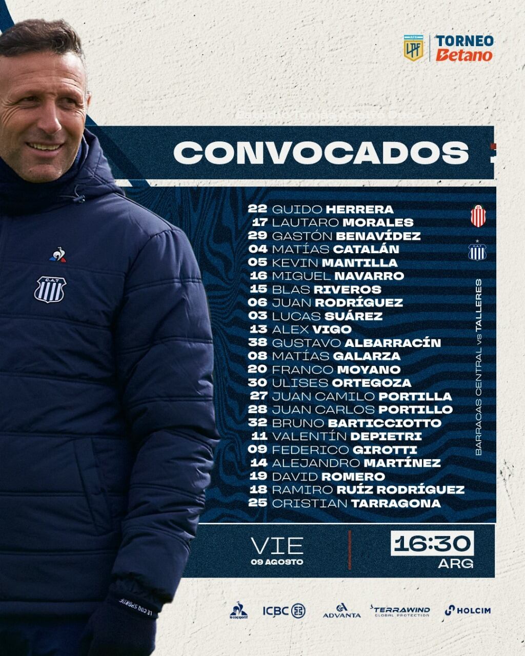 La lista de convocados para el duelo entre Talleres y Barracas Central.