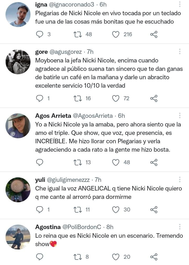 Captura de pantalla de algunos de los twits que hablan del show de Nicky Nicole en Mendoza.