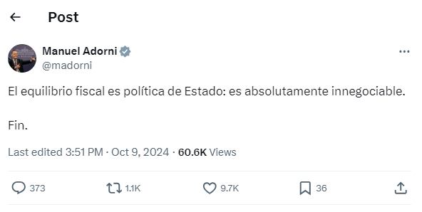 El tuit del vocero presidencial sobre la importancia del equilibrio fiscal para el Estado.