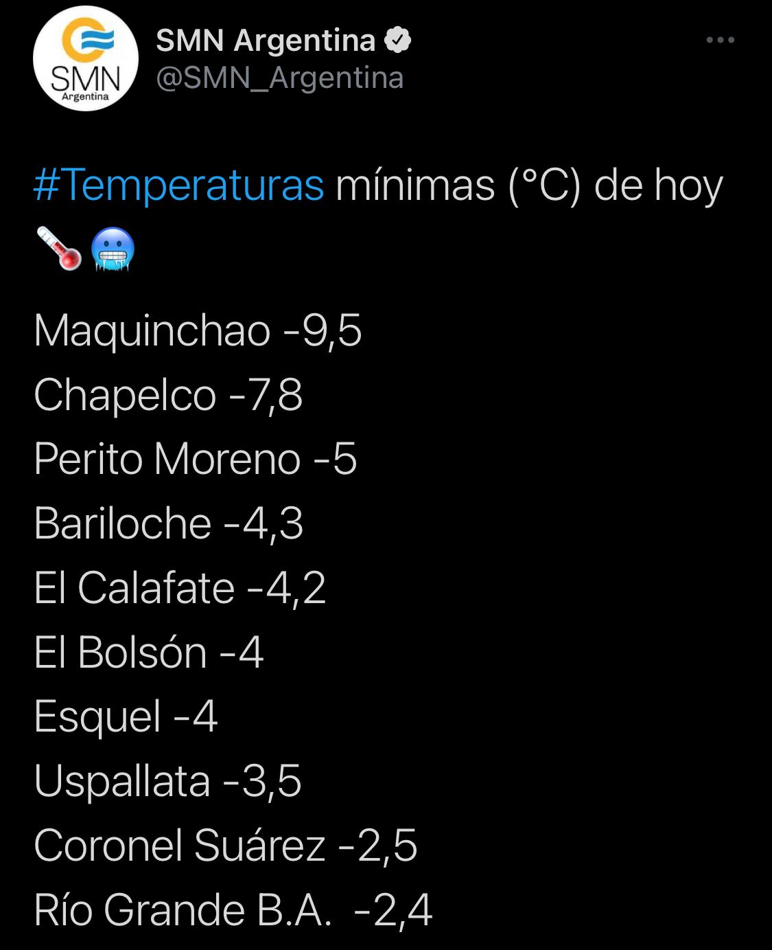 El ranking del top 10 de las ciudades más frías del país este jueves.