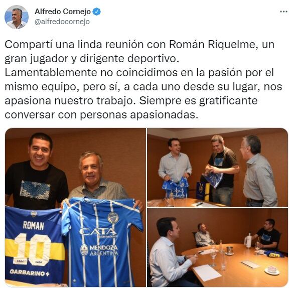 Reunión entre Alfredo Cornejo y Juan Román Riquelme.