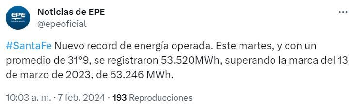 La EPE confirmó un récord de demanda energética en la provincia de Santa Fe.