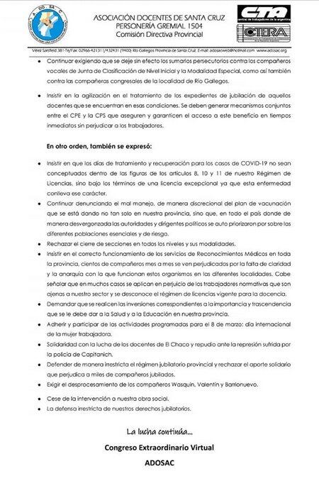 El congreso de docentes determinó el no inicio del ciclo lectivo 2021 en Santa Cruz