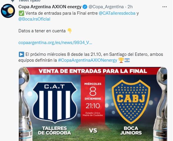 Este domingo se ponen a la venta las 11 entradas destinadas para Talleres en la final de Copa Argentina.