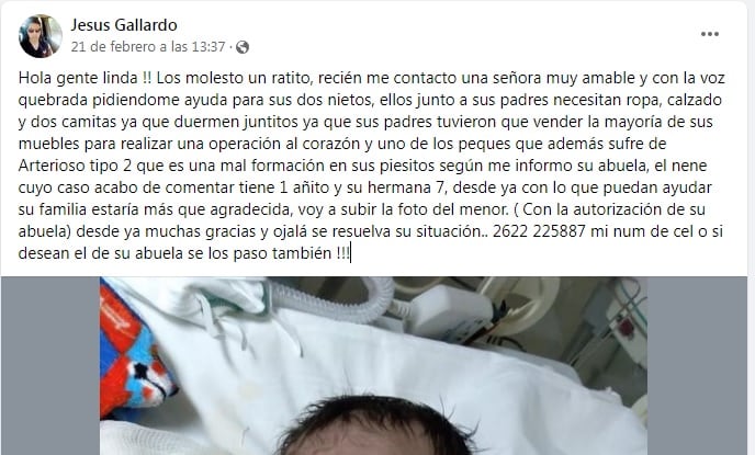 El pedido de colabopración para una familia de La Consulta que tuvo que vender sus muebles para costerar la operación del corazón de uno de sus hijos.