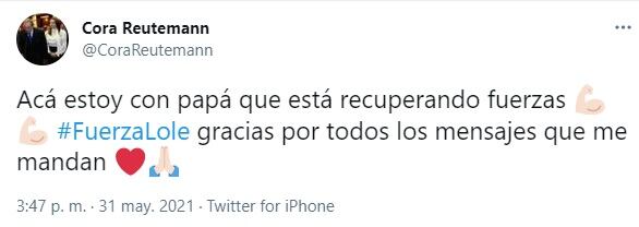 Cora Reutemann compartió a través de Twitter la buena nueva del reencuentro con su padre.