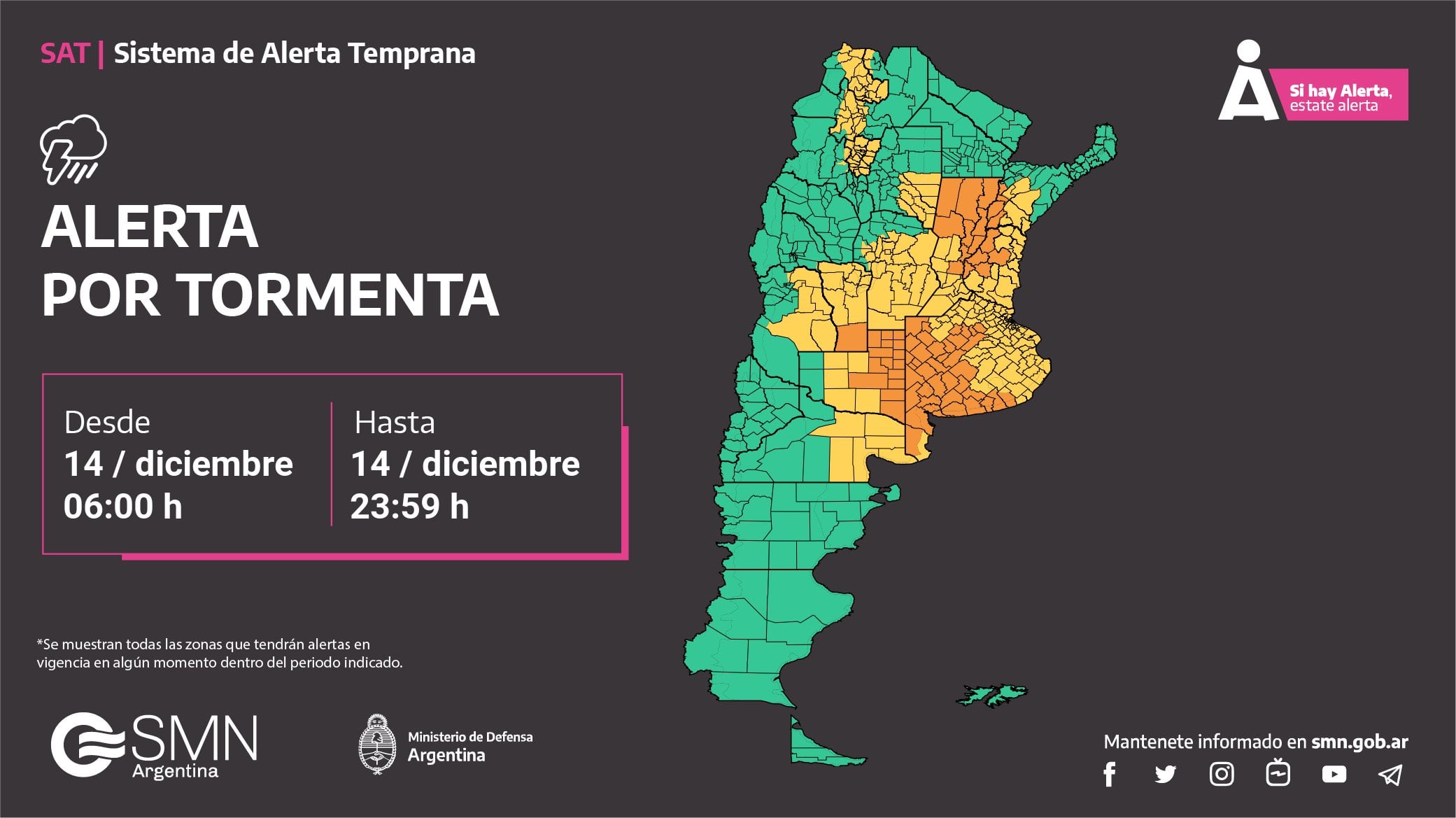 Alerta amarilla por tormentas en Córdoba.