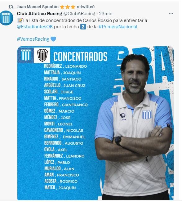 Racing se presenta en Nueva Italia por la Primera Nacional. La lista de concentrados.