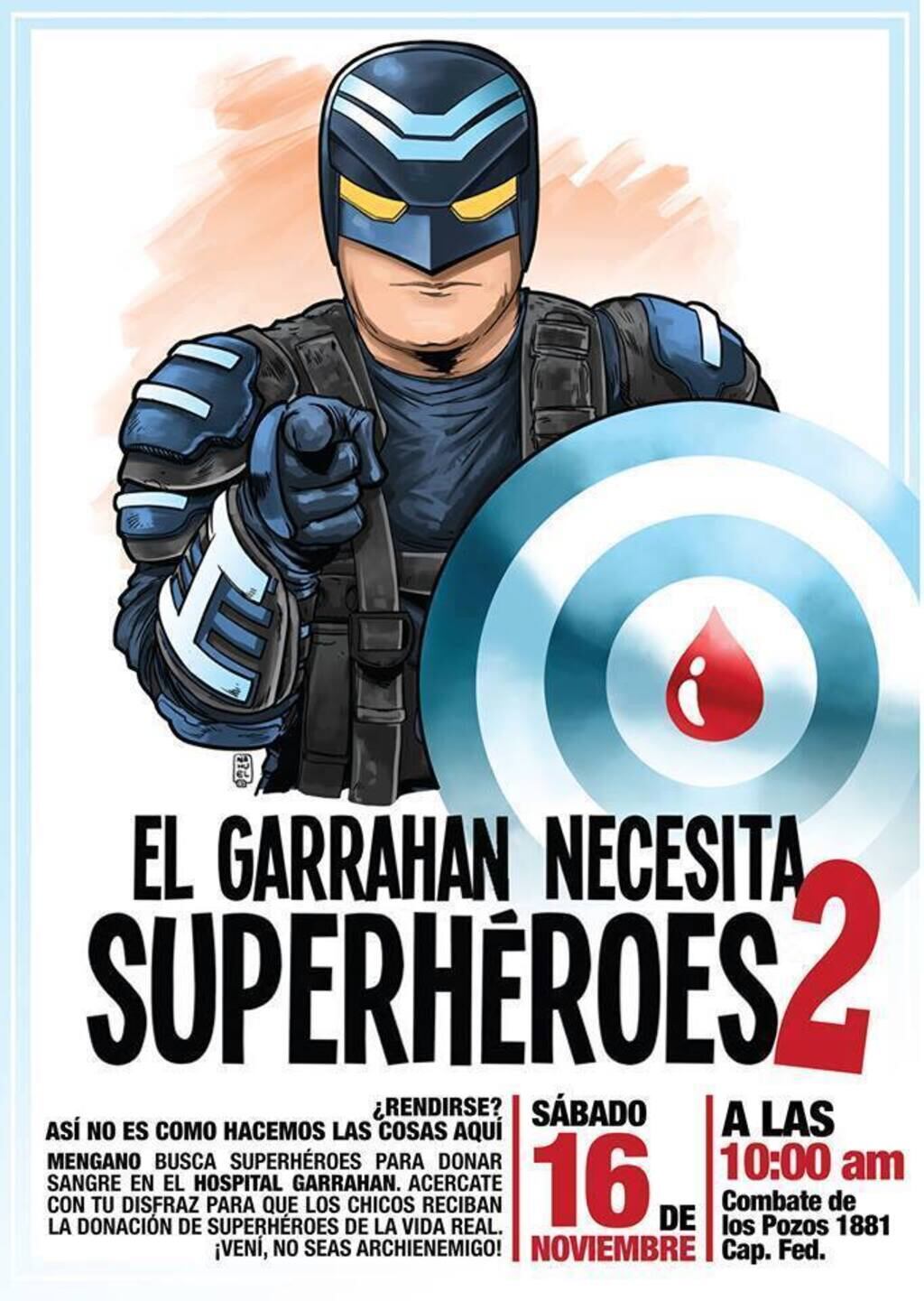 Capitán Menganno, afiche solidario. En sus redes sociales promueve una acción solidaria por el Hospital Garrahan.