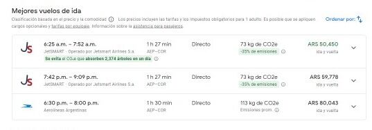 Los mejores vuelos disponibles según Google.