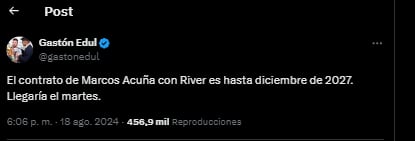 Gastón Edul anunció cuando llega Marcos Acuña a River