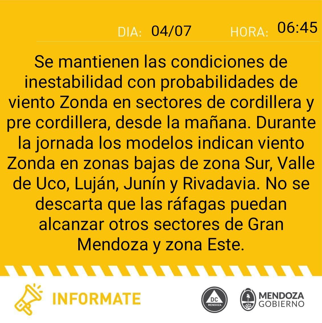 Anuncio de Defensa Civil sobre Zonda.