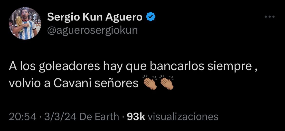 El mensaje de Agüero apoyando a Cavani.