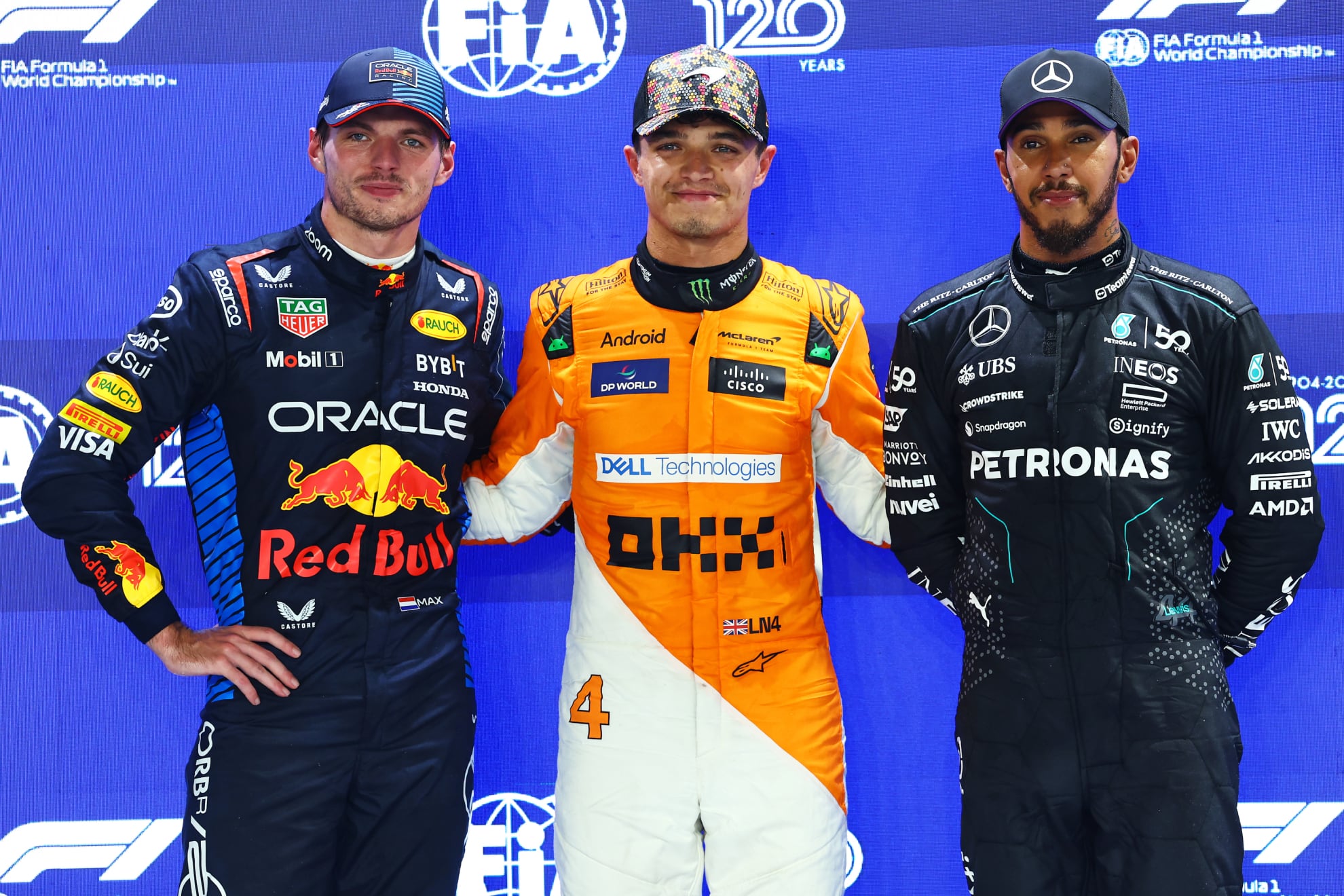 Max Verstappen, Lando Norris y Lewis Hamilton