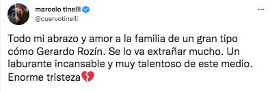 El mensaje de Marcelo Tinelli por la muerte de Gerardo Rozín.