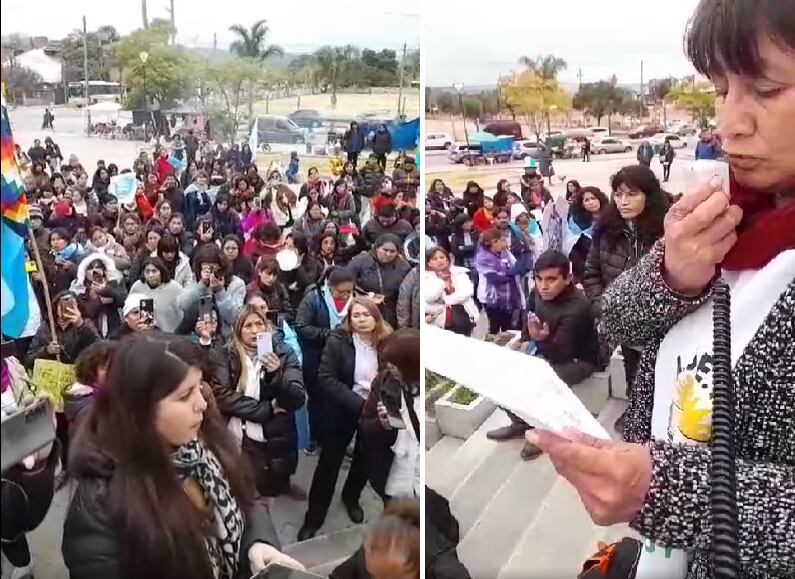 Docentes que permanecieron a las puertas del Ministerio de Educación escucharon a la secretaria gremial de ADEP, Teresa Bazán, en la lectura del acta labrada en la reunión con la ministra Bovi.