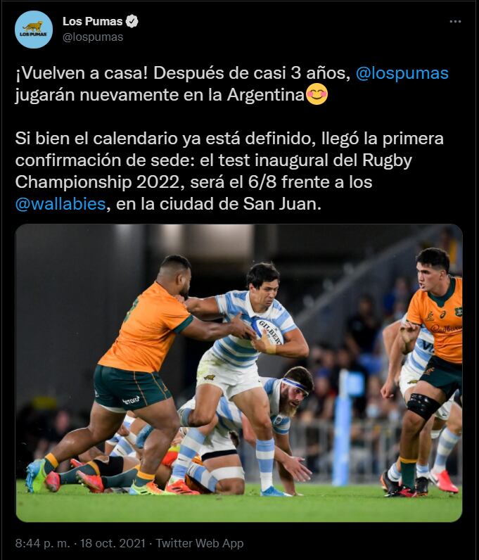 La cuenta oficial de Los Pumas confirmó la vuelta al país (Twitter/@lospumas)