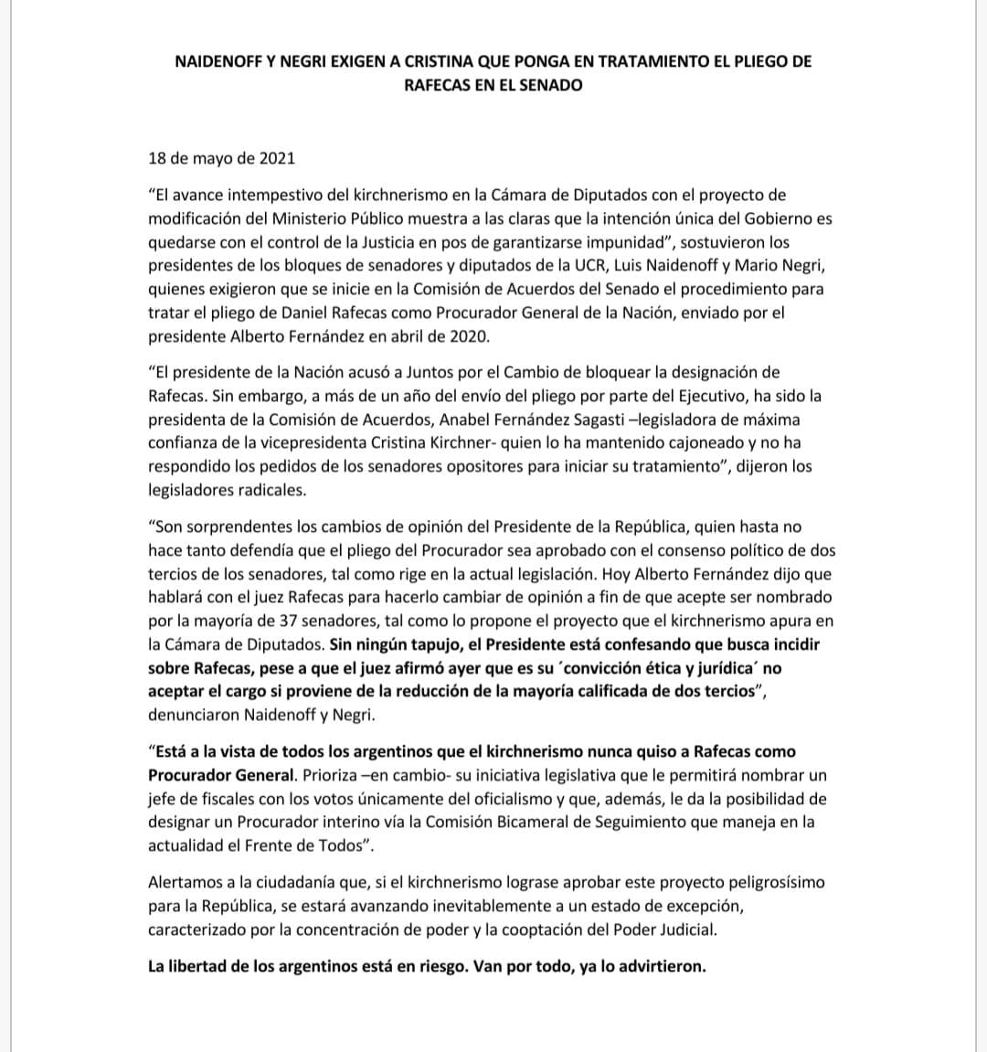 Comunicado de Juntos por el Cambio para solicitar el tratamiento del pliego de Daniel Rafecas en el Senado.