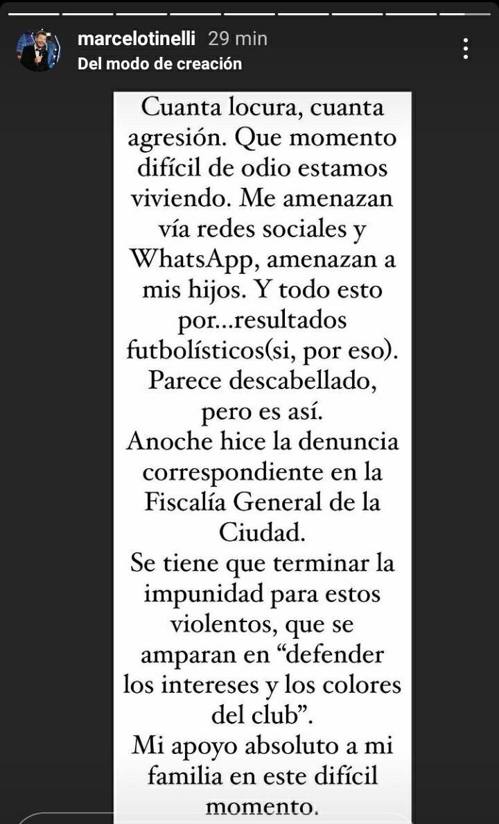 Marcelo Tinelli contó que fue amenazado por hinchas de San Lorenzo.