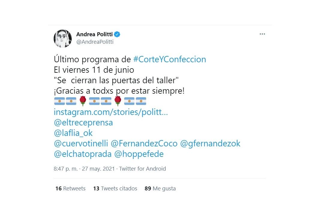 El tuit de la conductora confirmando la fecha del último programa.