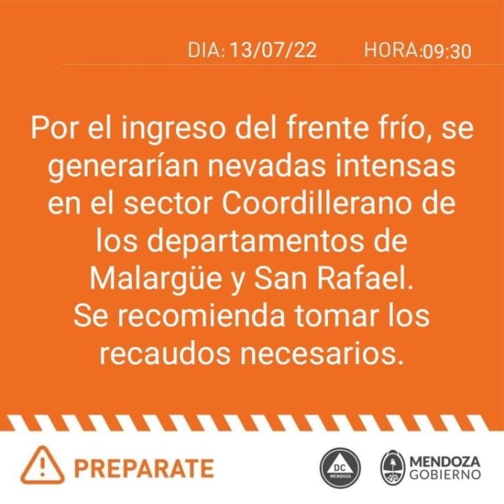 Alerta por nevadas intensas.