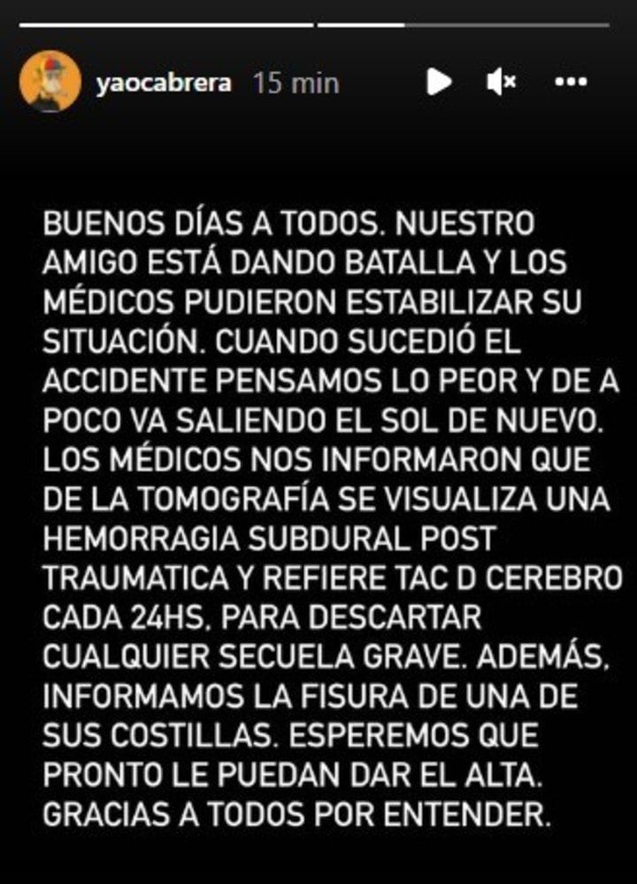 El nuevo comunicado que se dio a conocer sobre la salud de Yao Cabrera.